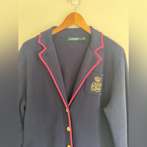 Ralph Lauren Women XL Bullion Crest Sweater Jacket Blazer Cotton Preppy College - Picture 2 of 7